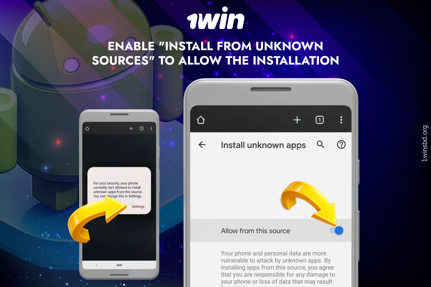 Grant permission to install the 1win app within your Android phone's settings