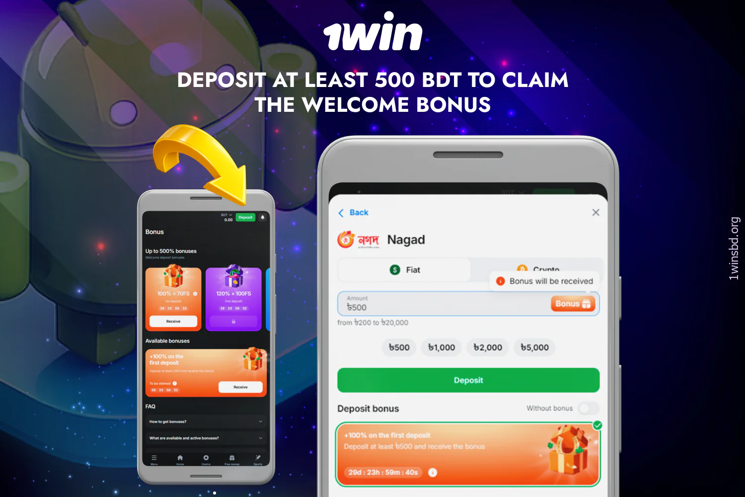 To claim the welcome bonus, you must register within the 1win app and top up your account balance