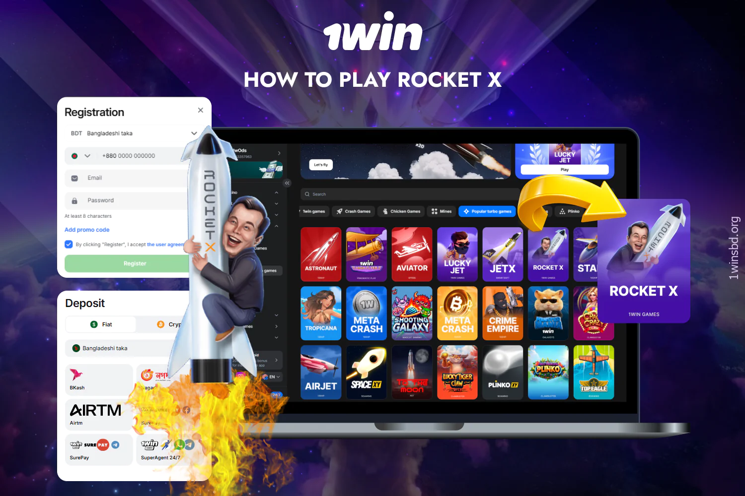 Players can play 1win Rocket X in demo mode and for real money