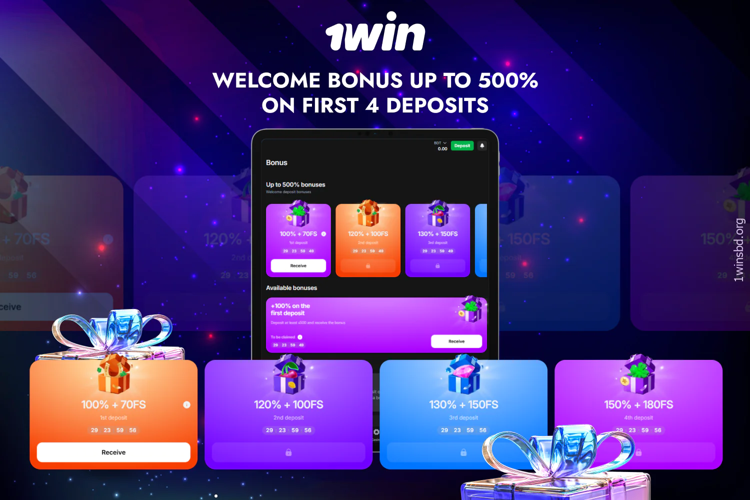 All new players of the 1win Bangladesh casino can take advantage of the welcome bonus on their first 4 deposits in the casino